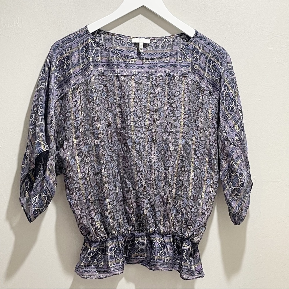JOIE Women’s Purple Gold Stripe Silk Kimono Sleeve MARCANA Blouse Peplum Size XS